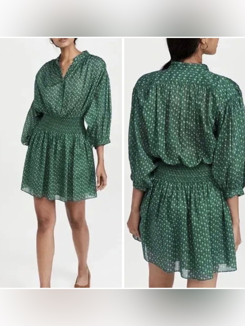 Rebecca Taylor Ikat Fleur Smocked Cotton Dress Emerald Green Medium